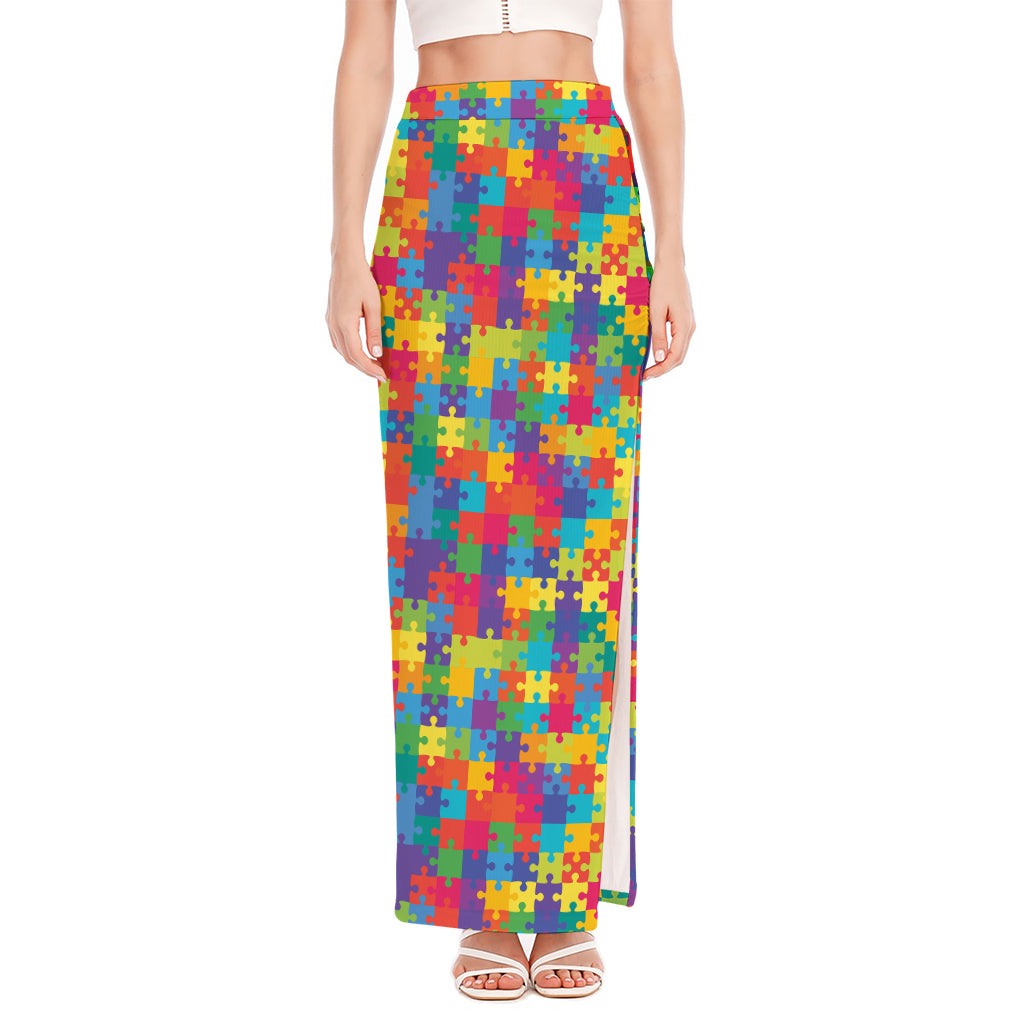 Colorful Autism Awareness Jigsaw Print High Slit Maxi Skirt