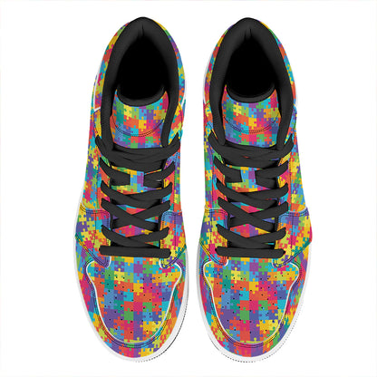 Colorful Autism Awareness Jigsaw Print High Top Leather Sneakers