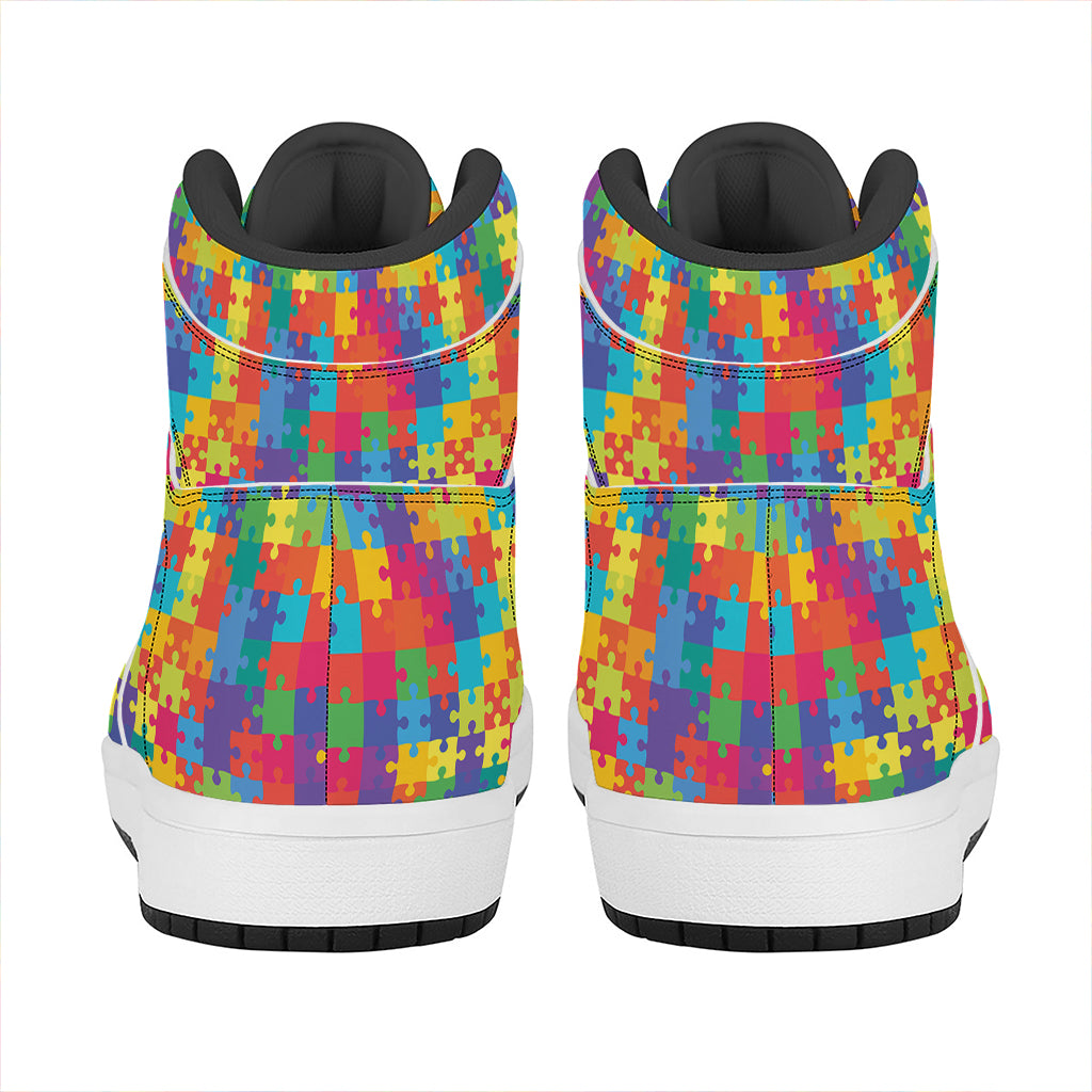 Colorful Autism Awareness Jigsaw Print High Top Leather Sneakers