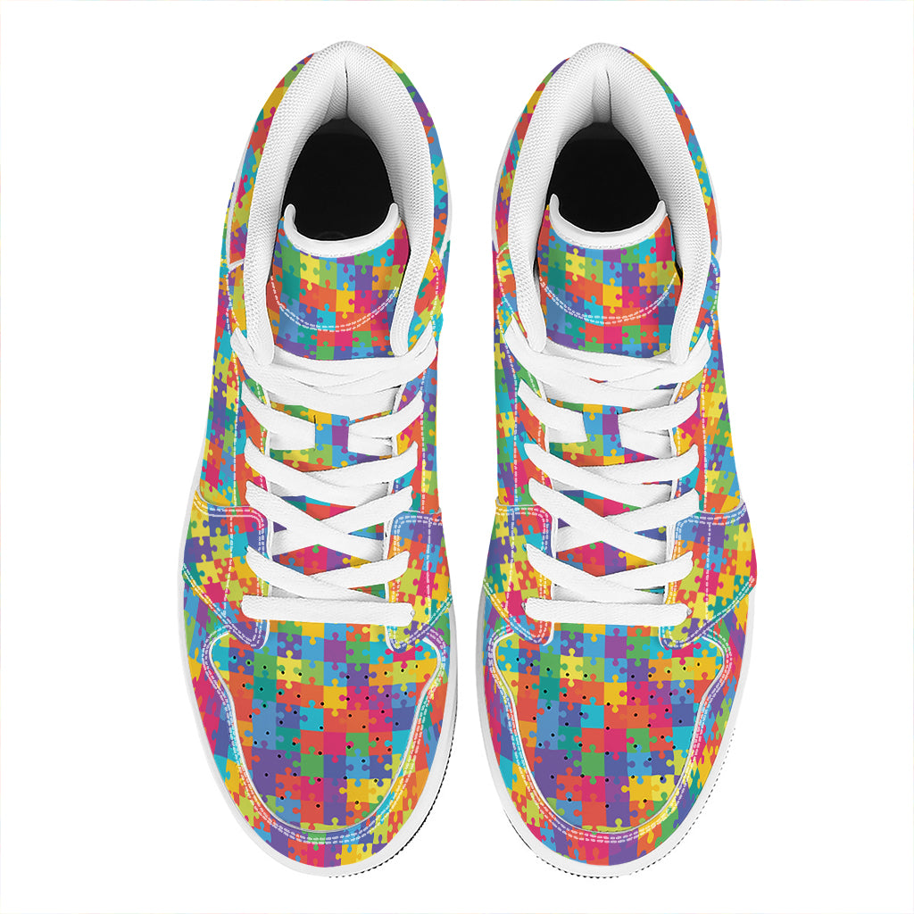 Colorful Autism Awareness Jigsaw Print High Top Leather Sneakers
