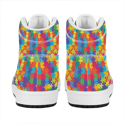 Colorful Autism Awareness Jigsaw Print High Top Leather Sneakers