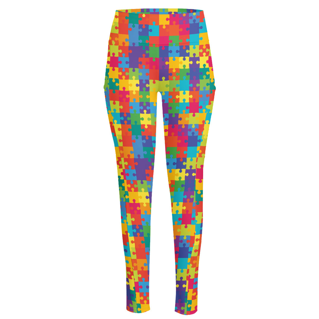 Colorful Autism Awareness Jigsaw Print High-Waisted Pocket Leggings