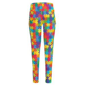 Colorful Autism Awareness Jigsaw Print High-Waisted Pocket Leggings