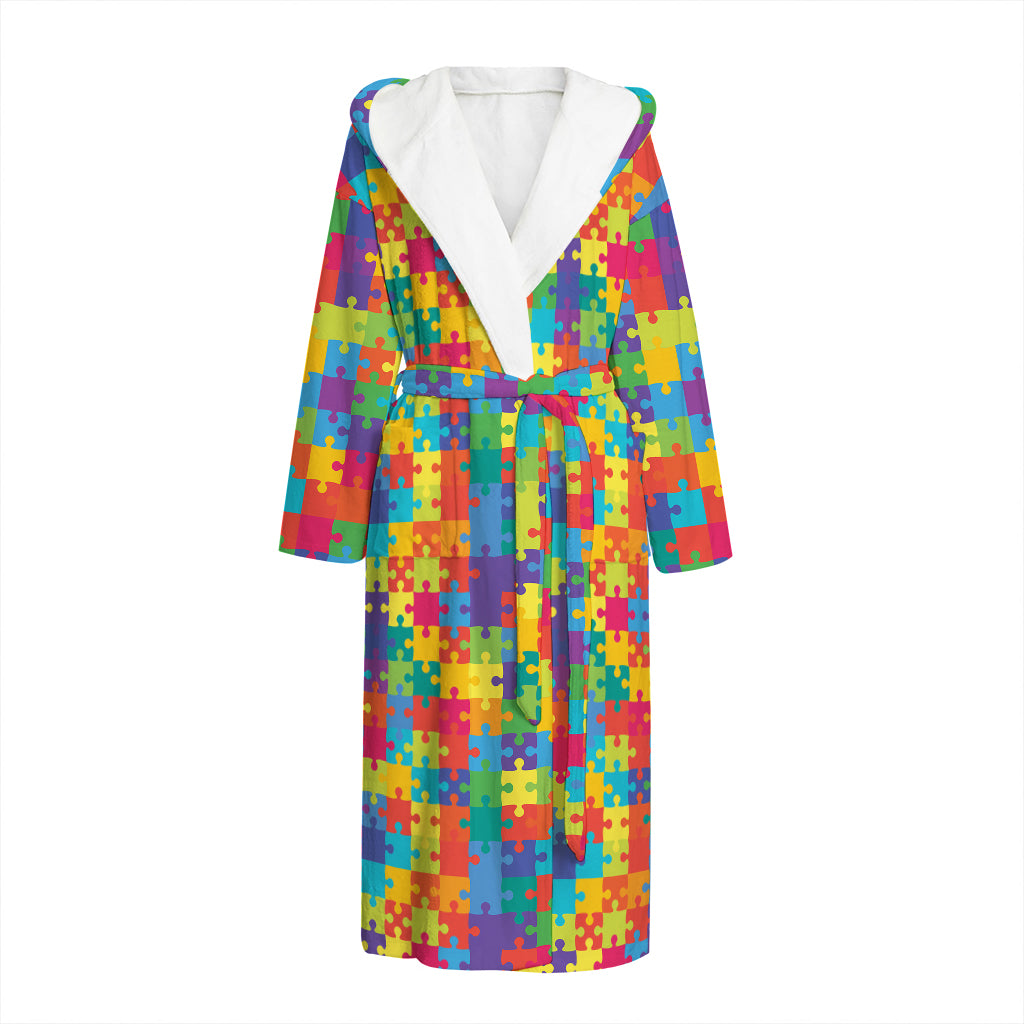 Colorful Autism Awareness Jigsaw Print Hooded Bathrobe