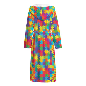 Colorful Autism Awareness Jigsaw Print Hooded Bathrobe