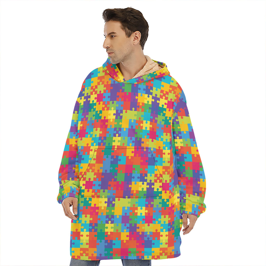 Colorful Autism Awareness Jigsaw Print Hoodie Blanket
