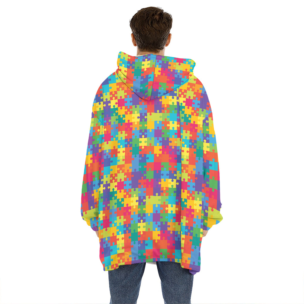Colorful Autism Awareness Jigsaw Print Hoodie Blanket