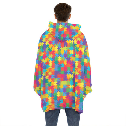 Colorful Autism Awareness Jigsaw Print Hoodie Blanket