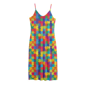 Colorful Autism Awareness Jigsaw Print Jersey Midi Cami Dress