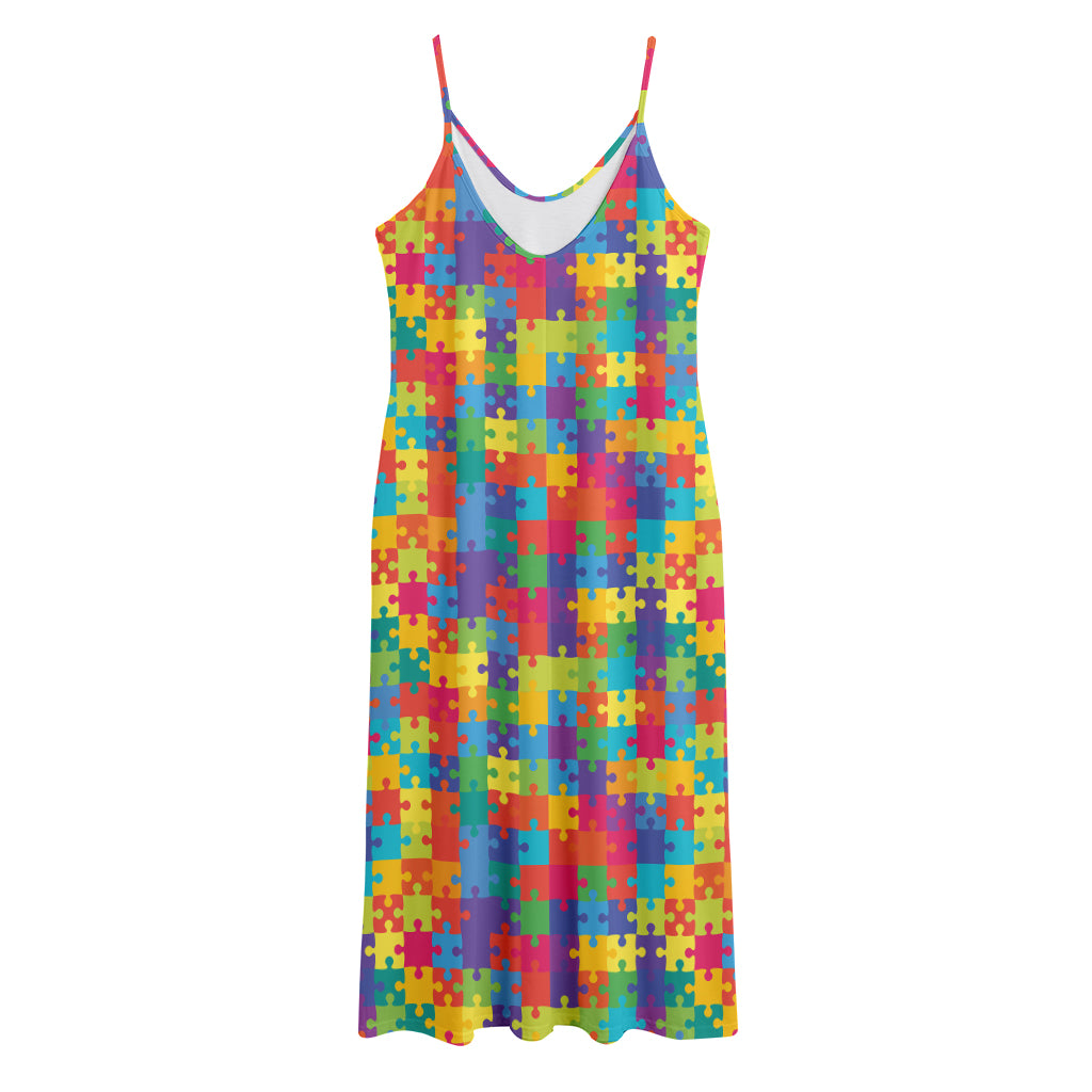 Colorful Autism Awareness Jigsaw Print Jersey Midi Cami Dress