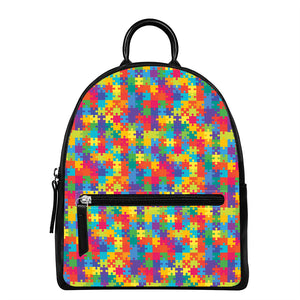 Colorful Autism Awareness Jigsaw Print Leather Backpack