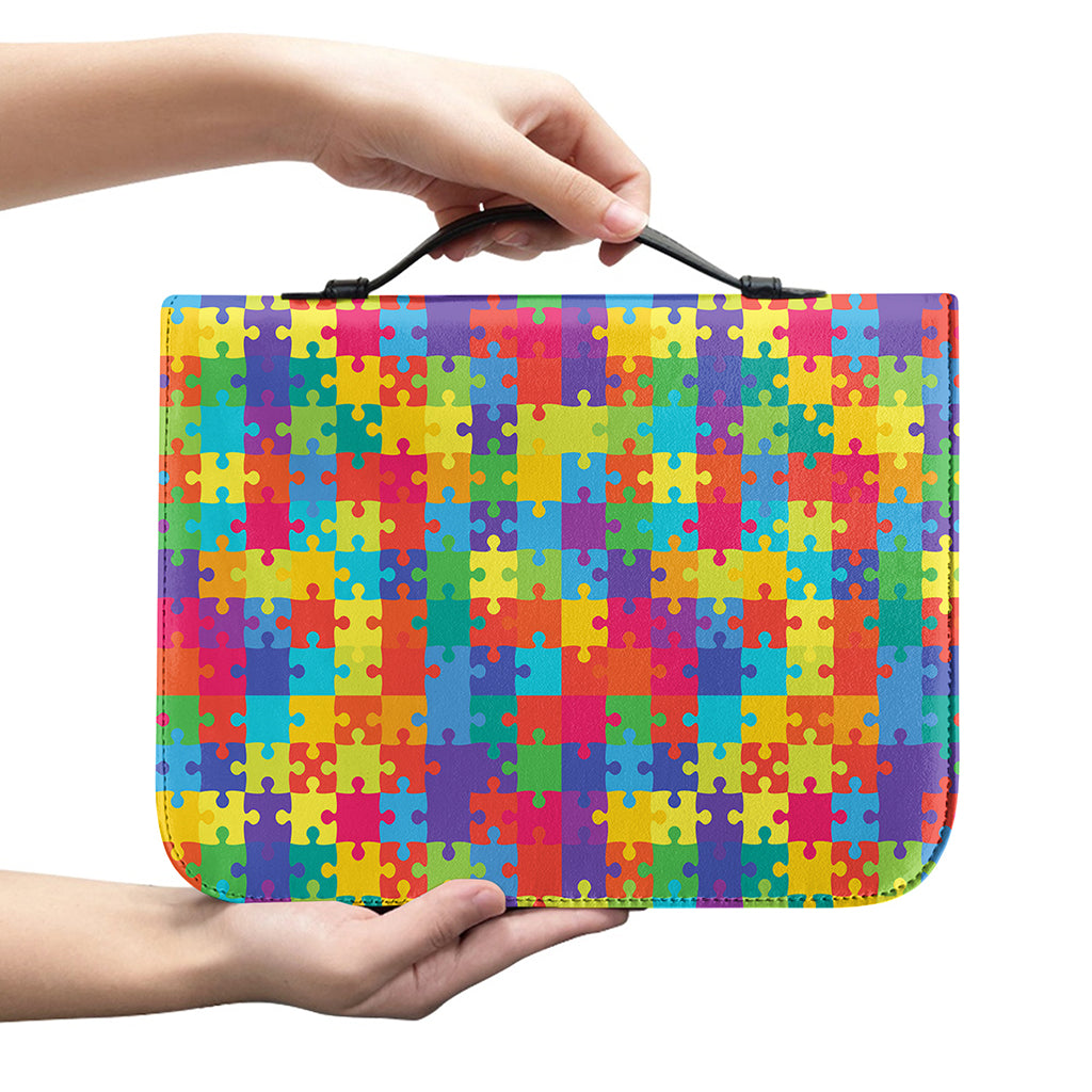 Colorful Autism Awareness Jigsaw Print Leather Bible Cover