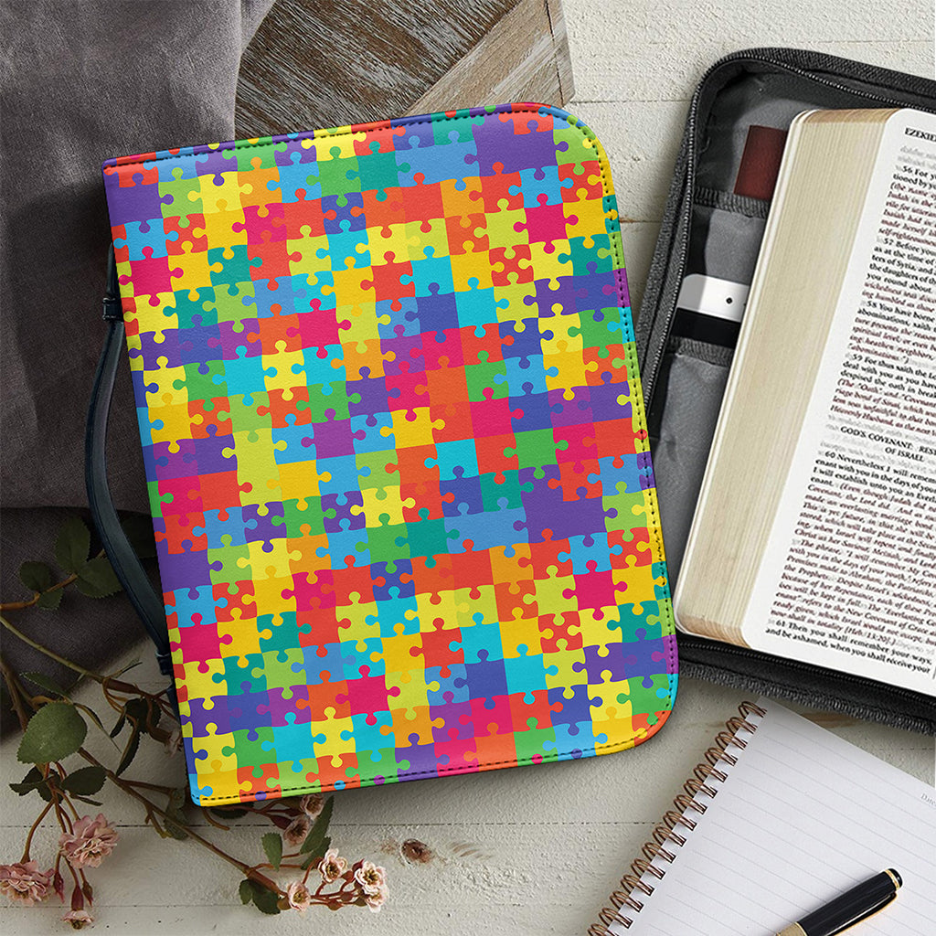 Colorful Autism Awareness Jigsaw Print Leather Bible Cover