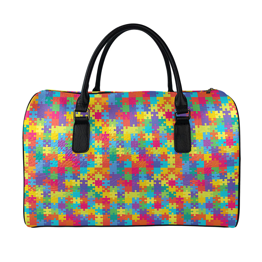 Colorful Autism Awareness Jigsaw Print Leather Duffle Bag