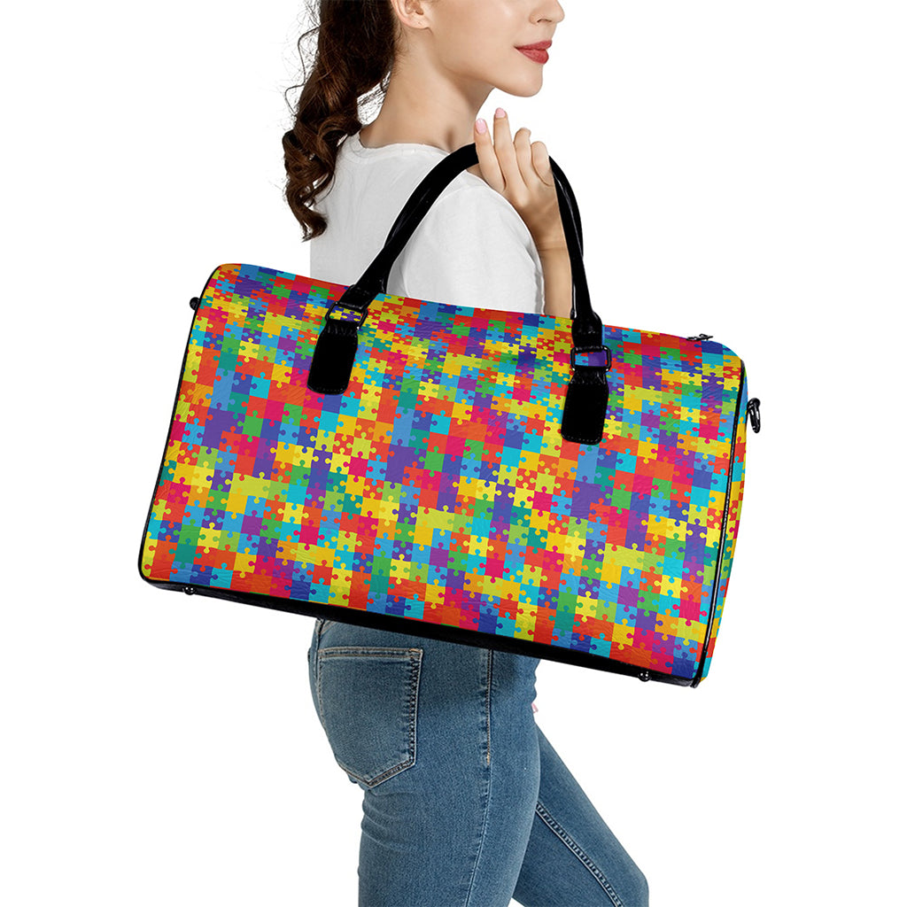 Colorful Autism Awareness Jigsaw Print Leather Duffle Bag
