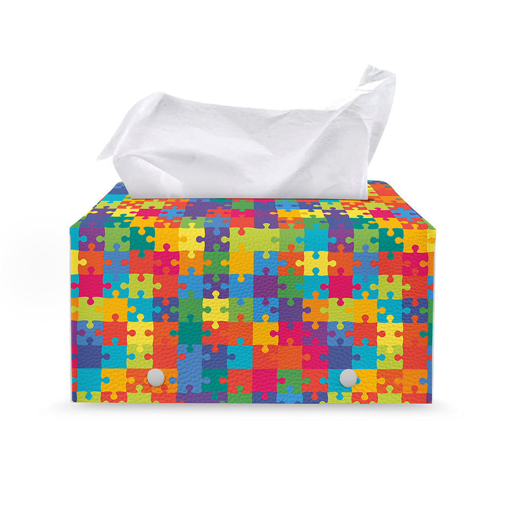 Colorful Autism Awareness Jigsaw Print Leather Tissue Box Cover