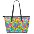 Colorful Autism Awareness Jigsaw Print Leather Tote Bag With Zipper