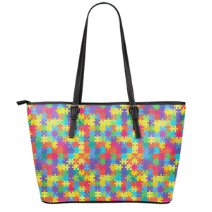 Colorful Autism Awareness Jigsaw Print Leather Tote Bag