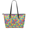 Colorful Autism Awareness Jigsaw Print Leather Tote Bag