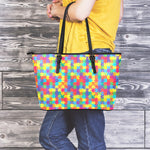 Colorful Autism Awareness Jigsaw Print Leather Tote Bag