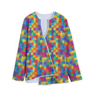 Colorful Autism Awareness Jigsaw Print Long Sleeve Short Coat