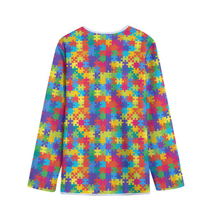 Colorful Autism Awareness Jigsaw Print Long Sleeve Short Coat