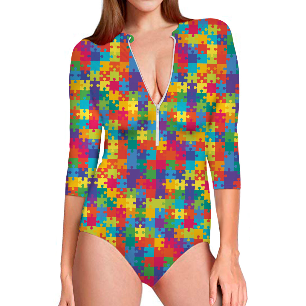 Colorful Autism Awareness Jigsaw Print Long Sleeve Swimsuit