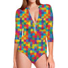 Colorful Autism Awareness Jigsaw Print Long Sleeve Swimsuit