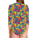 Colorful Autism Awareness Jigsaw Print Long Sleeve Swimsuit