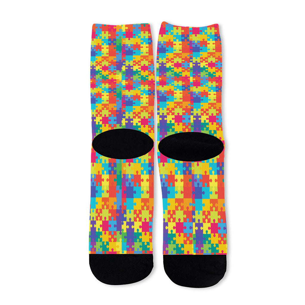 Colorful Autism Awareness Jigsaw Print Long Socks