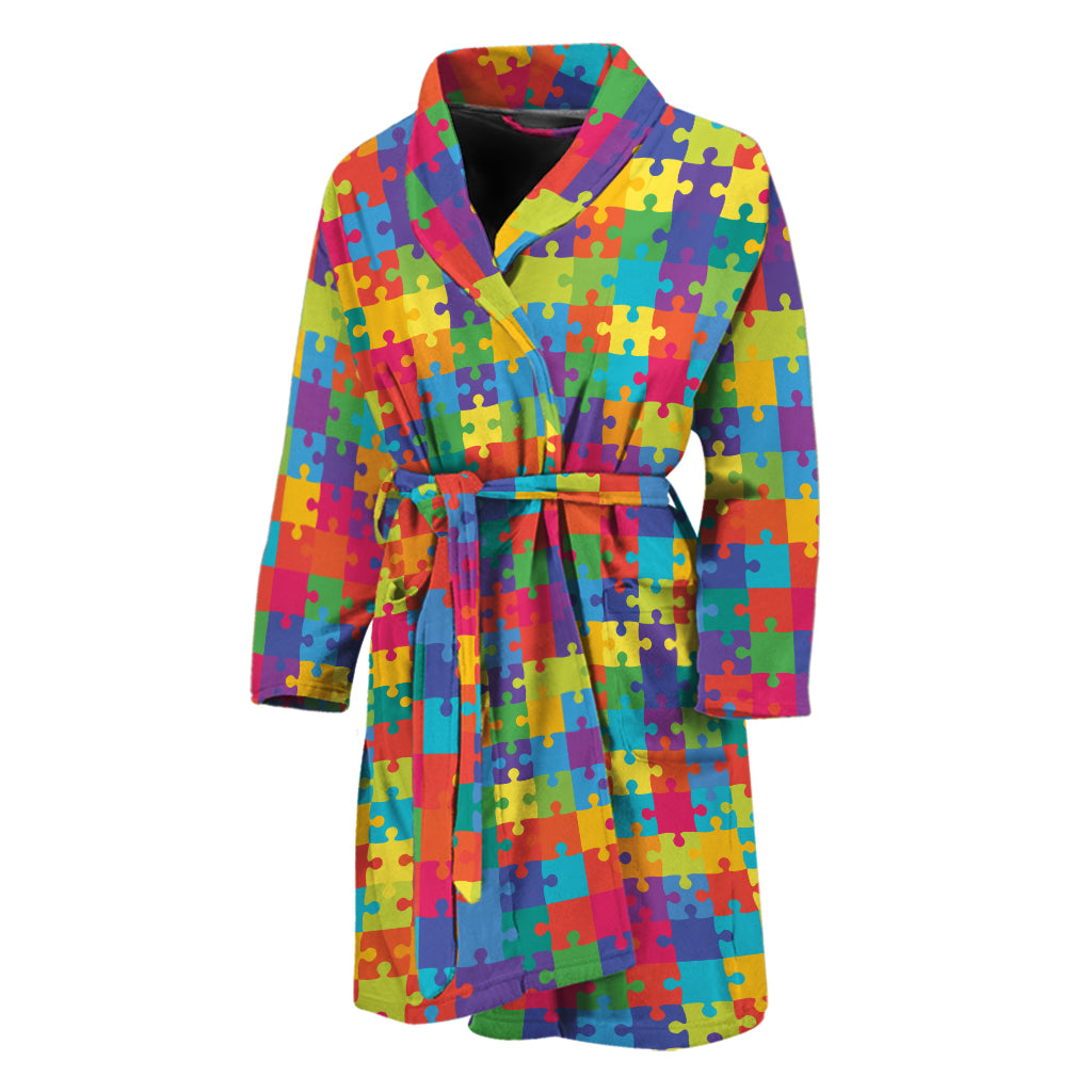 Colorful Autism Awareness Jigsaw Print Men's Bathrobe