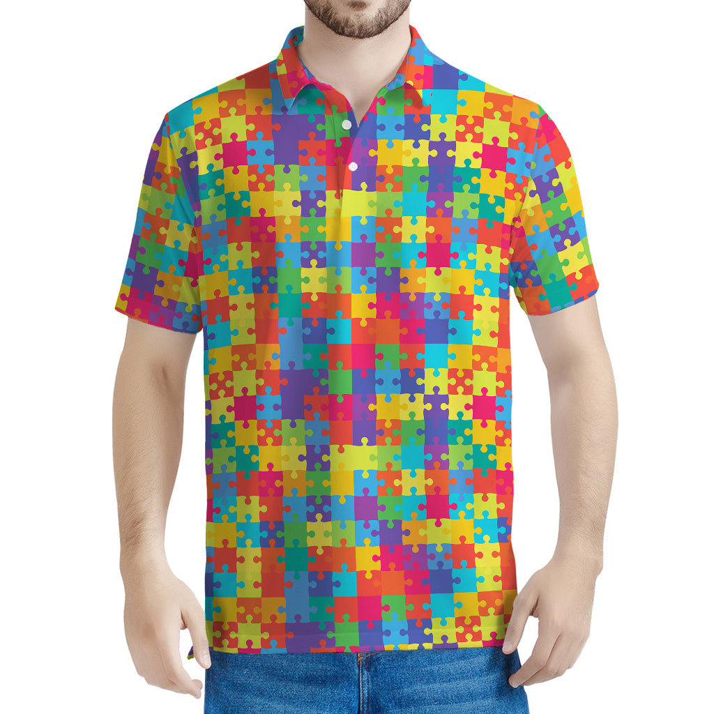 Colorful Autism Awareness Jigsaw Print Men's Polo Shirt