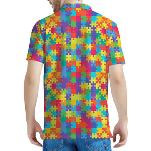 Colorful Autism Awareness Jigsaw Print Men's Polo Shirt