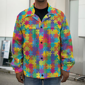 Colorful Autism Awareness Jigsaw Print Men's Shirt Jacket