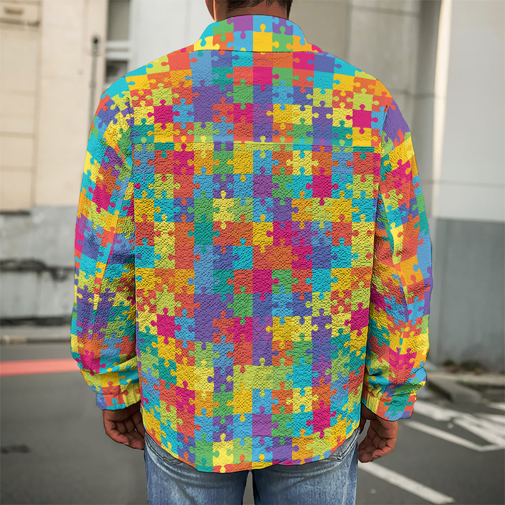 Colorful Autism Awareness Jigsaw Print Men's Shirt Jacket