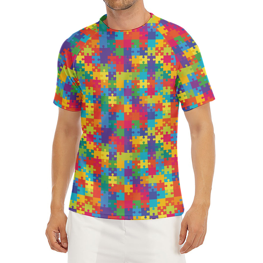 Colorful Autism Awareness Jigsaw Print Men's Short Sleeve Rash Guard