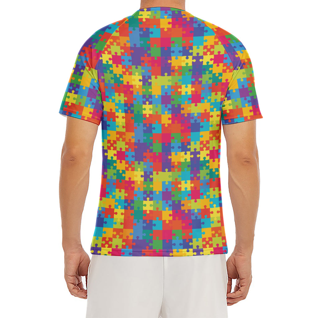 Colorful Autism Awareness Jigsaw Print Men's Short Sleeve Rash Guard