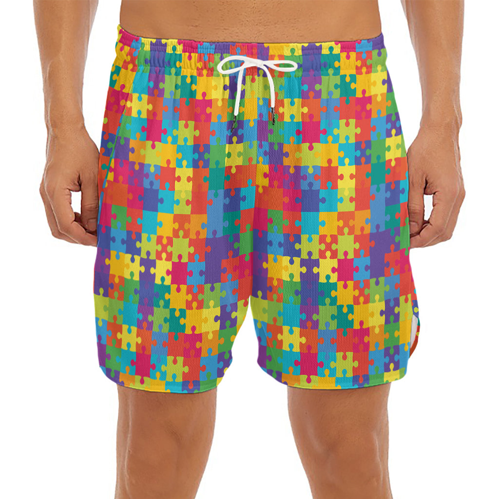 Colorful Autism Awareness Jigsaw Print Men's Split Running Shorts