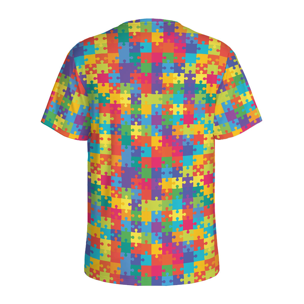 Colorful Autism Awareness Jigsaw Print Men's Sports T-Shirt