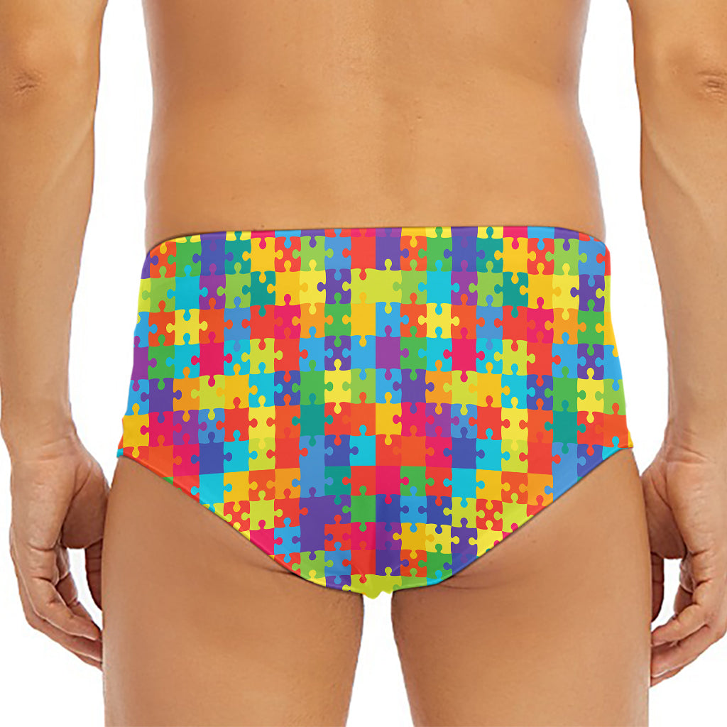 Colorful Autism Awareness Jigsaw Print Men's Triangle Swim Briefs