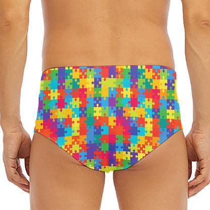 Colorful Autism Awareness Jigsaw Print Men's Triangle Swim Briefs