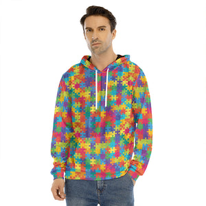 Colorful Autism Awareness Jigsaw Print Men's Velvet Pullover Hoodie