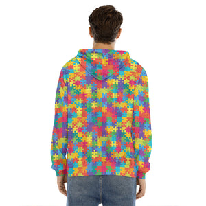 Colorful Autism Awareness Jigsaw Print Men's Velvet Pullover Hoodie