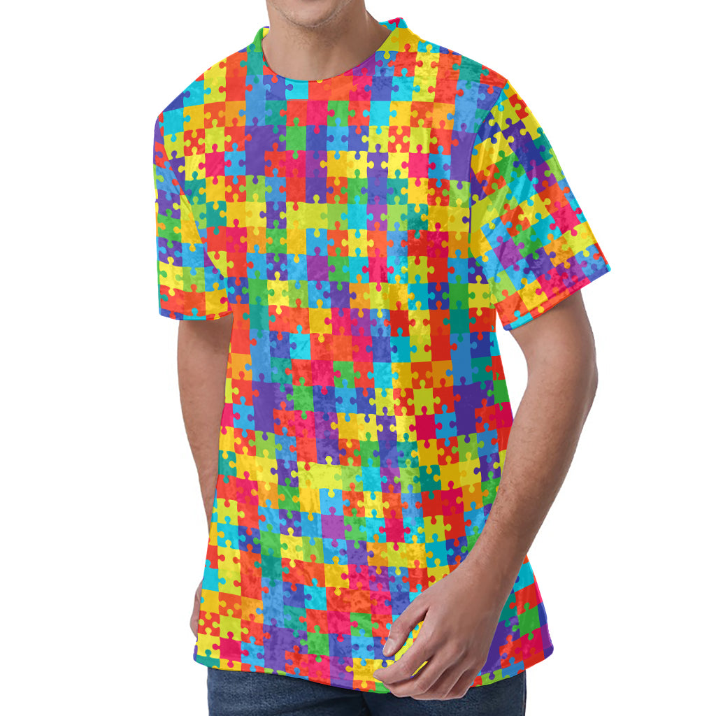 Colorful Autism Awareness Jigsaw Print Men's Velvet T-Shirt