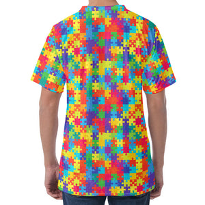 Colorful Autism Awareness Jigsaw Print Men's Velvet T-Shirt