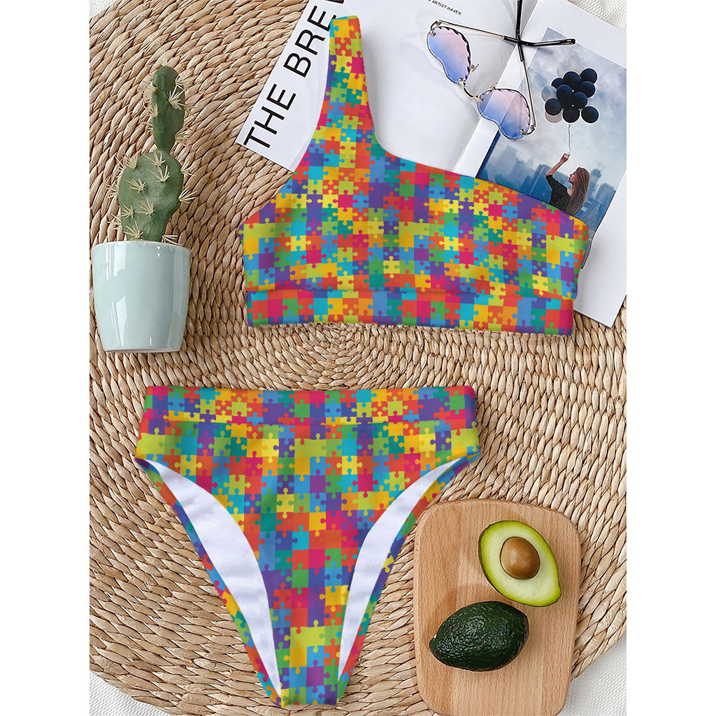 Colorful Autism Awareness Jigsaw Print One Shoulder Bikini Top