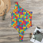 Colorful Autism Awareness Jigsaw Print One Shoulder Bodysuit