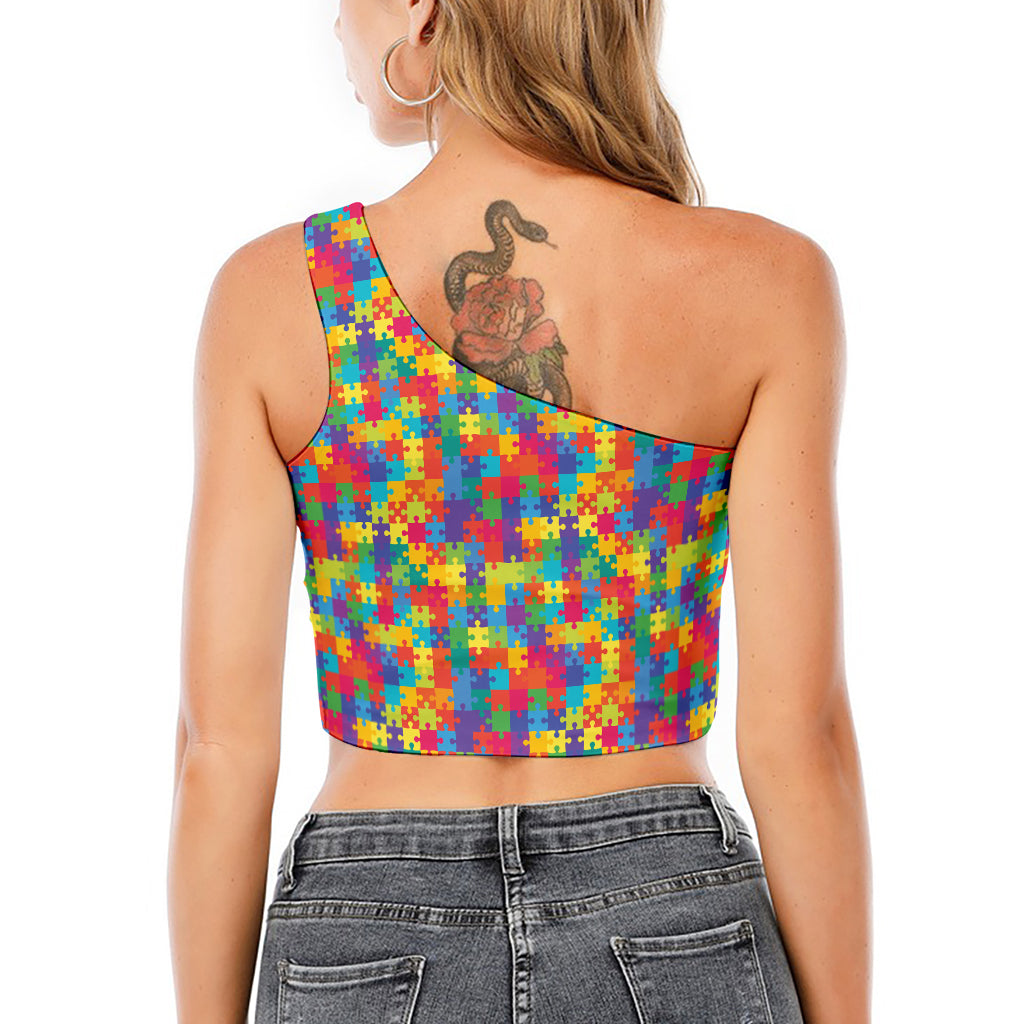 Colorful Autism Awareness Jigsaw Print One Shoulder Crop Top