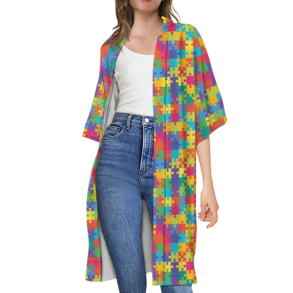 Colorful Autism Awareness Jigsaw Print Open Front Beach Cover Up