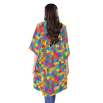 Colorful Autism Awareness Jigsaw Print Open Front Beach Cover Up